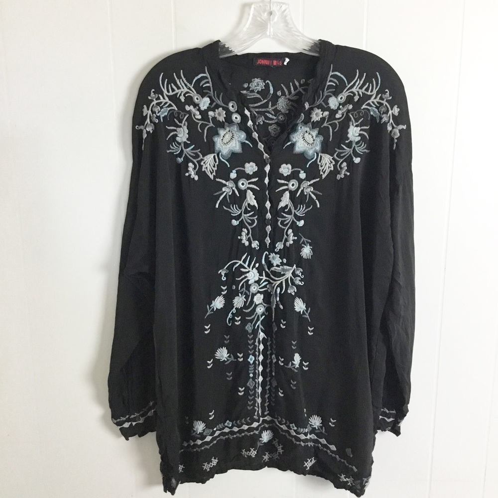 Johnny Was Black & Blue Embroidered V-Neck Crinkled Blouse Size Small Long Tunic